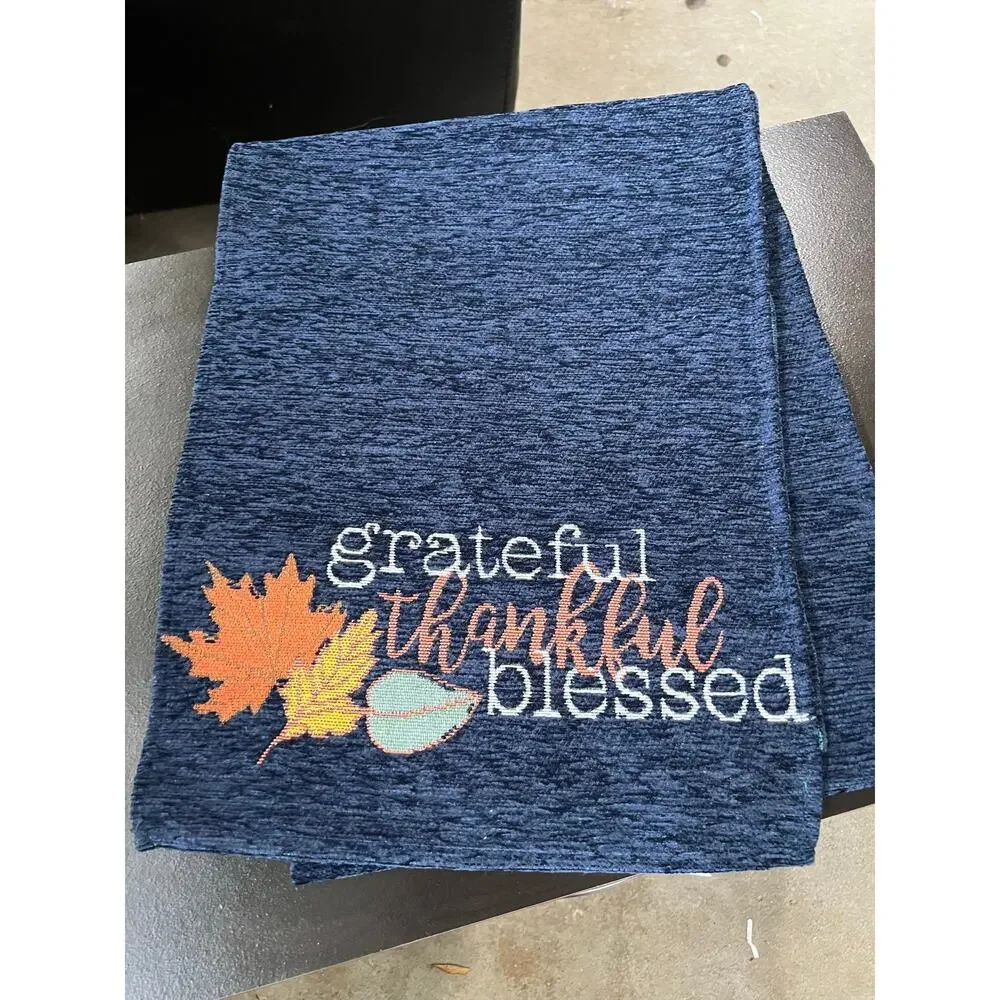 EMBROIDERED FALL NAVY BLUE GRATEFUL THANKFUL BLESSED TABLE RUNNER EUC 13